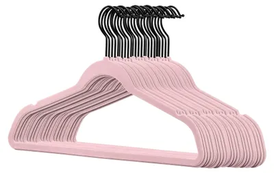 Produktbild von 25 Stück hochwertige Samt Kleiderbügel in der Farbe Rosa mit schwarzem Haken/Anti-Rutsch/von StickandShine