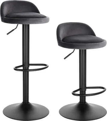 Immagine prodotto di Happyment BarStool Poly - Set di 2 - Con schienale - Velluto - Altezza regolabile - Sgabelli da bar ergonomici - Cucina - Grigio - Altezza seduta 61-82 cm