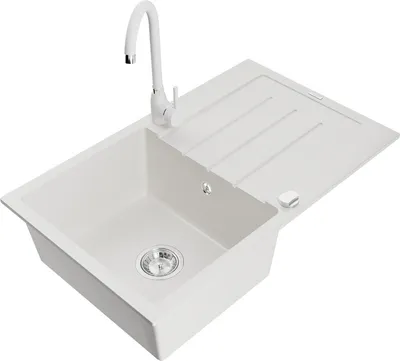 Produktbild von Mexen Bruno 1 Becken-Granitspüle mit Abtropffläche und Mischbatterie Telma, Weiß - 6513-20-670200-20