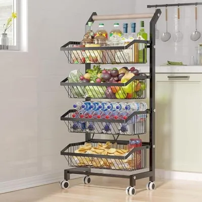 Produktbild von PromoHome® Gemüseregal für Küche – Stapelbarer Obstkorb – Aufbewahrungswagen mit feststellbaren Rollen und Holzgriff – für Bad, Küche, Büro