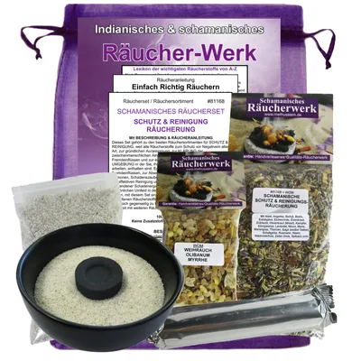 Produktbild von Räucherwerk 7-tlg Räucherset schamanische Räucherung Schutz & Reinigung + Hausreinigung 20 Kräuter + Weihrauch + Olibanum & Myrrhe. 2 x Räuchermischungen + Zubehör + Anleitung.