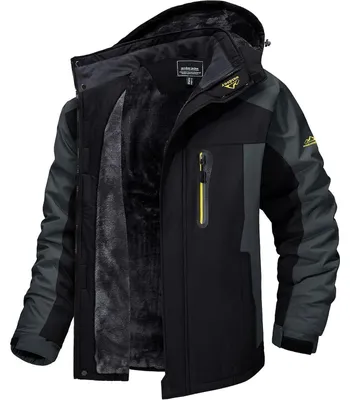Produktbild von Herren Winter Fleecejacke warm gefüttert winddicht wasserdicht abnehmbare Kapuze Schwarz-Grau L
