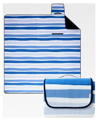 Produktbild von Nachhaltige Picknickdecke wasserdicht 200x200 100% recyceltes Fleece XXL Outdoor Gesteppte Campingdecke Stranddecke Streifen blau hellblau grün isoliert waschbar