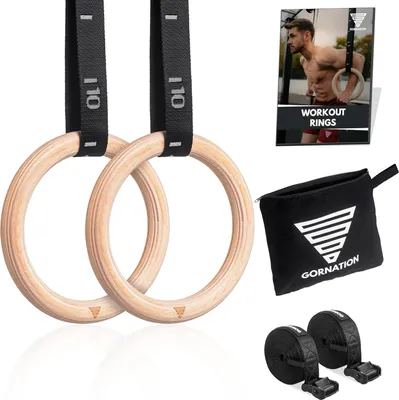 Produktbild von GORNATION Turnringe Holz, Gym Rings, Ringe für Calisthenics, Turnen, Fitness, Sport, Olympische Gymnastikringe + Befestigungsgurte mit Markierungen &