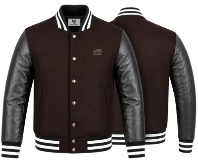 Produktbild von Collegejacke Herren – Varsity Jacke mit Lederärmeln | Retro Blouson aus Wolle, Größe:54/XL, Farbe:Dunkelbraun