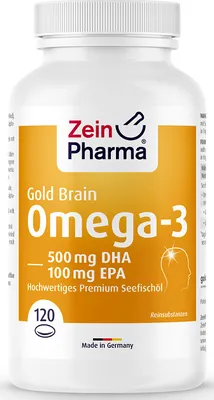 A product shot of a bottle of Zein Pharma Omega-3 supplements.