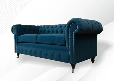 Obrázek produktu pro Chesterfield Modrý dvoumístný designový gauč Čalounění pohovek Pohovky Gauč Textilie