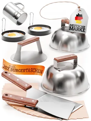 Produktbild von Smashburger Set XXL - Edelstahlpresse - Akazienholzgriffe - 20 Burgerformen - Grillwender