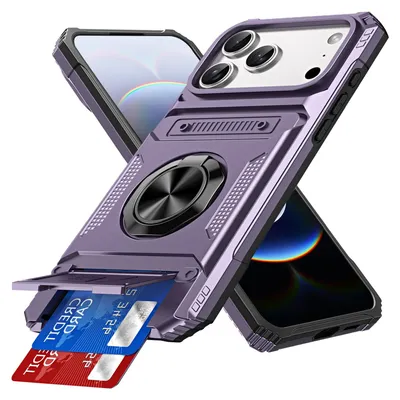 Produktbild von Dual Layer Hülle für iPhone 17 Pro Max mit Kartenhalter, Magnetische Ring Ständer Militärschutz Stoßfeste Handyhülle Lila
