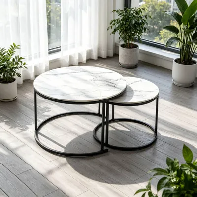 Produktbild von Satztisch 2er Set,Couchtisch Rund aus Holz,stapelbar Beistelltisch Set Kaffeetisch,Sofatisch für Wohnzimmer Büro Balkon 40cm+60cm