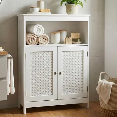 Produktbild von WOHNLING Badschrank 80 x 60 x 28 cm Weiß - Schmaler Badezimmerschrank Türen & Ablage - Aufbewahrungsschrank Wiener Geflecht - Badezimmer Badregal