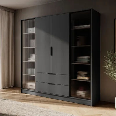 Produktbild von 200 cm breite Schrank Jolie III Graphite Garderobenschrank mit Glastüren Kleiderschrank mit 4 Scharniertüren Drehtürenschrank mit 2 Schubladen, Farbe: Graphit