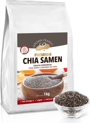 Produktbild von GOLDEN PEANUT Premium Chia Samen 1 kg, schwarz-weiß Salvia Hispanica, viele Quellstoffe, Omega 3, Antioxidantien