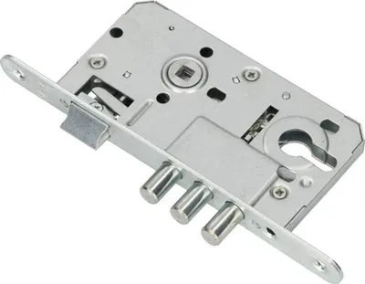 A close-up studio shot of a metal door lock mechanism against a white background.
