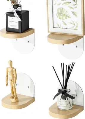 Image de Wandregal en bois, 4 pièces, adhésif, blanc, idéal pour le salon et la cuisine