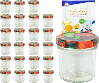 A set of 24 empty glass jars with decorative lids and a recipe booklet.