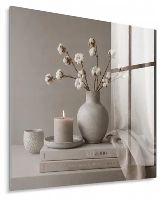 Zdjęcie produktu dla STYLER Obraz na szkle 30x30 cm beżowy wazon kwiaty bawełny boho Japandi dekoracja ścienna do salonu sypialni