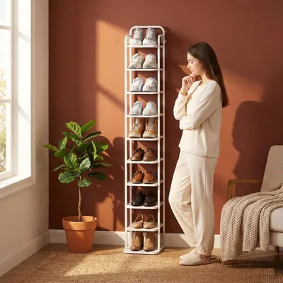 Produktbild von Vertikales Schuhregal, 10-Stöckig, Platzsparend, Weiß | Schuhturm Für Kleine Räume, Freistehend, Verstellbar