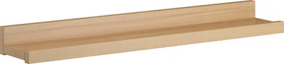 A simple wooden shelf against a white background.