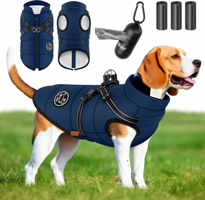 Produktbild von LOVPET® Hundejacke Hundemantel mit Geschirr, inkl. 45 Stück Kotbeutel + Spender, Hunde Winterweste gefüttert wasserdicht, Gepolsterte Weste Mit Brustgurt, Reflektoren , Navyblau, 5XL