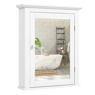 A white medicine cabinet with a mirrored door, reflecting a bathroom scene.