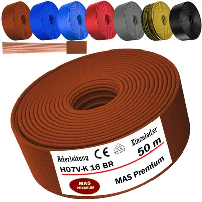 Image de Câble d'alimentation de 50 mètres, type H07 V-K, couleur marron, avec un seul fil de 16 mm², flexible