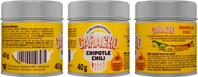 Produktbild von CARACHO 3er Pack x 40g Chili Chipotle Chiliflocken geschrotet - Premium 100% Scharfes Chillipulver in Metal Gewürz Dose/Scoville: 15.000-20.000 / Chili-Spezialität