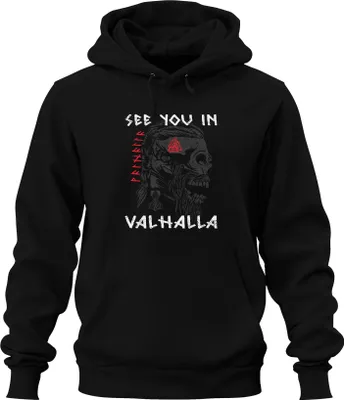 Obrázok produktu pre Uvidíme sa vo Valhale Viking Skull Runes Mjölnir Nordic Uni mikina s kapucňou, čierna, 3XL