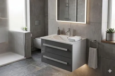 Produktbild von Jet-Line Badmöbelset mit Keramikwaschbecken Badmöbel Arosa II in grau Hochglanz inkl. Soft Close Optionales Wechselfronten System edle Optik Badset