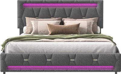 Image de Lit rembourré avec rangement - Lit double 140 x 200 cm - Revêtement en velours - 4 tiroirs - Port USB - Éclairage LED