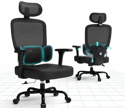 Immagine prodotto di Sedia da ufficio ergonomica, regolabile in altezza, per l'home office con supporto lombare a 3 livelli, braccioli 3D e poggiatesta 2D, nera