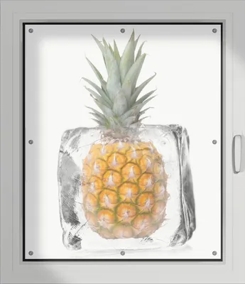 Produktbild von Wallario Lichtschutzbild, Dekorativer Sichtschutz Sonnenschutz 96 x 115 cm mit Motiv: Ananas in Eiswürfel - Eiskaltes Obst - Verdunklung ohne Bohren