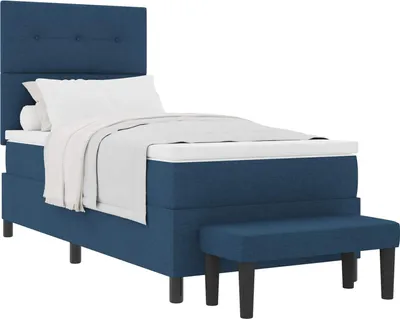Imagen del producto de Cama con somier y cabecero azul, 90 x 200 cm, tapizada en tela