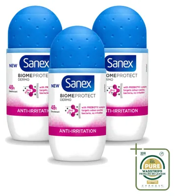 Imagen del producto de 3 unidades de Sanex BiomeProtect Dermo, desodorante roll-on antiirritación, 50 ml - Paquete ahorro - 3 unidades