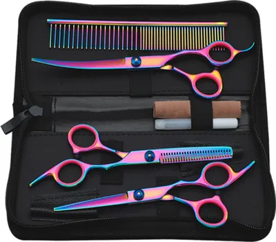 Produktbild von Haustierscheren aus Edelstahl, Hundepflegescheren-Set, Regenbogenfarben, gerade/gebogen/Effilierschere, Kamm für Hunde/Katzen