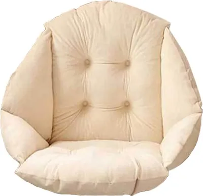 A beige cushion for a chair, with tufted detailing.