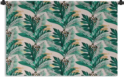 Produktbild von MuchoWow® Wandteppich Wandbehang Palmenblatt - Pantherdruck - Gold 90x60 cm Tapisserie Dekoration Wandtuch - Wandskulpturen - Bildteppich