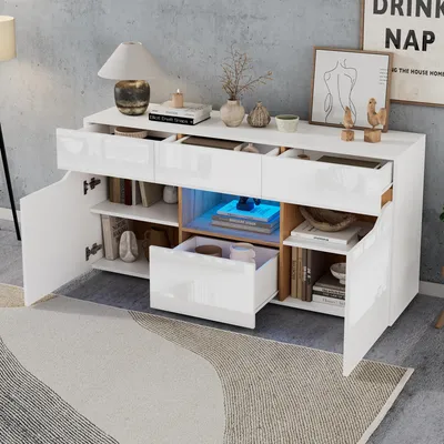 Produktbild von STILVORA Sideboard mit 4 Schubladen&LED-Beleuchtung,Fluschrank grifflos mit 2 Fächern,Beistellschrank Hochglanz,Weiß+Natur