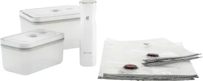 A set of vacuum storage containers and a vacuum sealer.