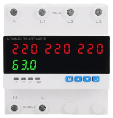 Obrázok produktu pre Automatický prepínač napájania, 63 A, 4-pólový, 3-fázový, ochrana proti nadprúdu, prepätiu a podpätiu, ATS, nastaviteľný istič, LED indikátor f