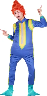 A person wearing a blue, yellow, and green jumpsuit with an orange wig.