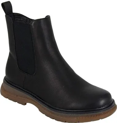 A black Chelsea boot is shown against a white background.