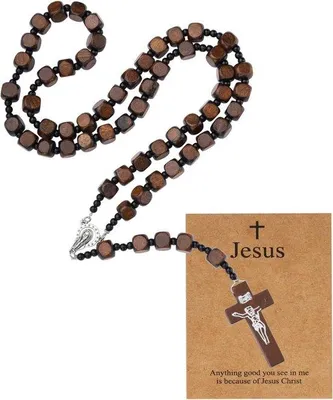 Productafbeelding van Houten Rozenkrans Ketting met Kruis en Jezus Hanger voor Dames en Heren