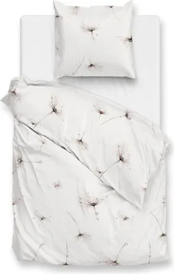 A top-down view of a white duvet cover and pillowcase set with a dandelion seed pattern.
