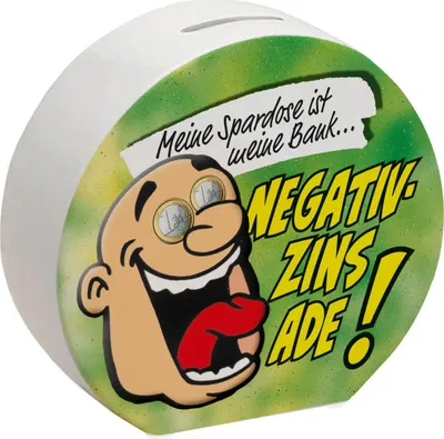 Produktbild von Spardose in grün zum Thema Negativzins mit Comic-Motiv