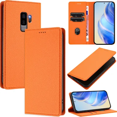 Image de Étui en cuir pour Samsung Galaxy S9 Plus, Litschi cuir, étui portefeuille avec fentes pour cartes et support Orange