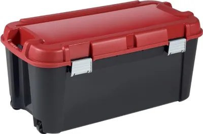 A black storage box with a red lid and silver clasps, shown from a slightly elevated front-left angle on a white background.