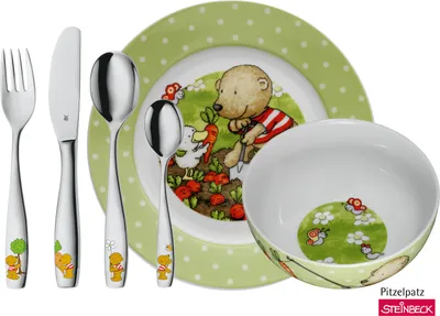 Produktbild von WMF Pitzelpatz Kindergeschirr mit Kinderbesteck, 6-teilig, ab 3 Jahren, Cromargan Edelstahl poliert, spülmaschinengeeignet, farb- und lebensmittelecht