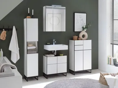 Produktbild von Badezimmer Badmöbel-Set VENEZIA 60 cm Weiß matt Hochschrank Spiegelschrank Wbu Highboard Set 1
