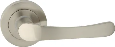 A brushed nickel door handle on a white background.